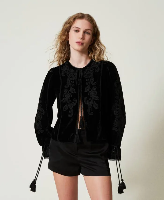 Twinset Blazers Velvet Jacket With Embroidery Black 8211 Clothing