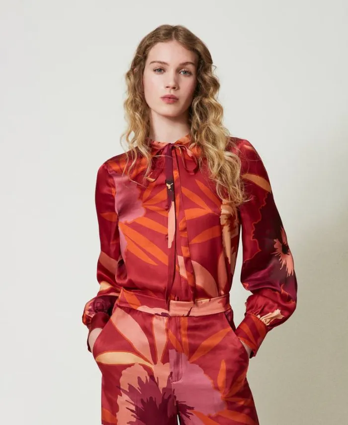 Twinset Blouses And Shirts Floral Satin Shirt Red Red Plum Macro Flowers 8211 Clothing