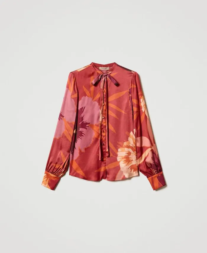 Twinset Blouses And Shirts Floral Satin Shirt Red Red Plum Macro Flowers 8211 Clothing