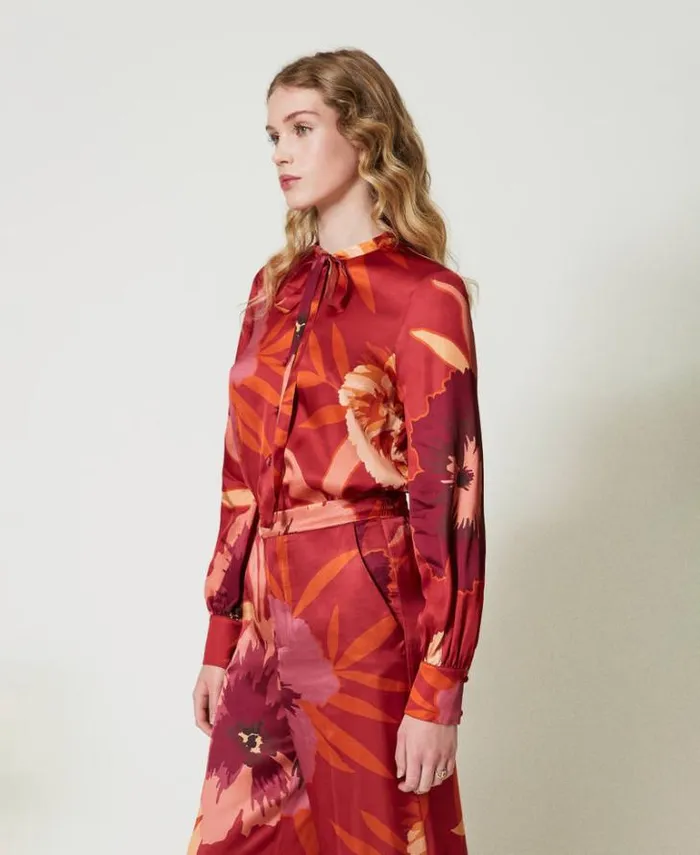 Twinset Blouses And Shirts Floral Satin Shirt Red Red Plum Macro Flowers 8211 Clothing