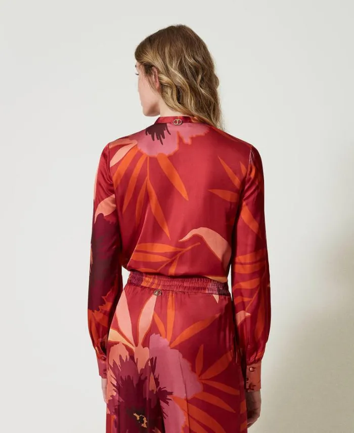 Twinset Blouses And Shirts Floral Satin Shirt Red Red Plum Macro Flowers 8211 Clothing