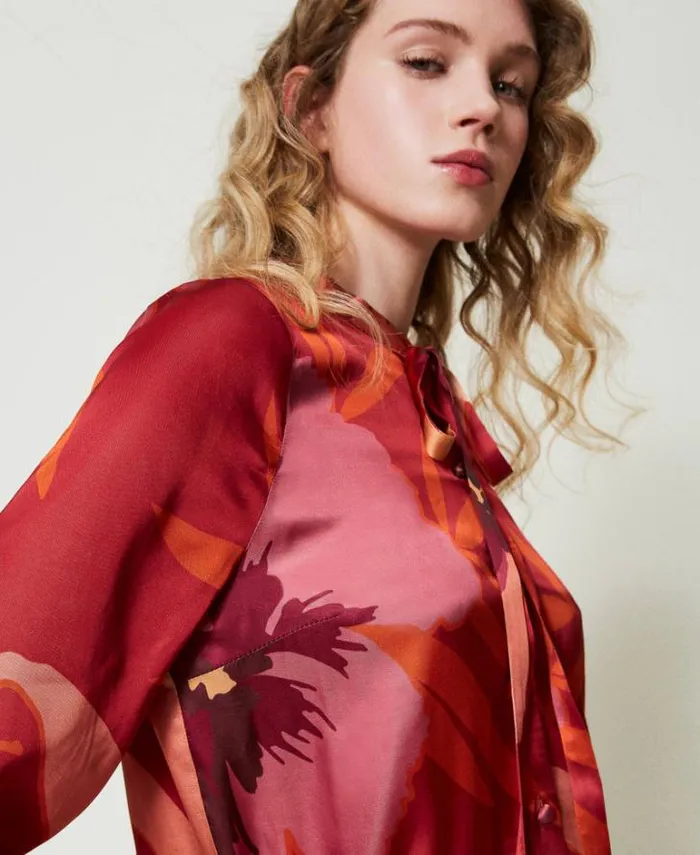 Twinset Blouses And Shirts Floral Satin Shirt Red Red Plum Macro Flowers 8211 Clothing