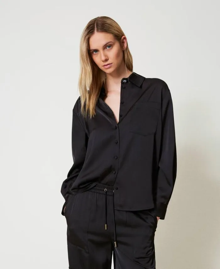 Twinset Blouses And Shirts Satin Shirt With Jewel Button Black 8211 Clothing