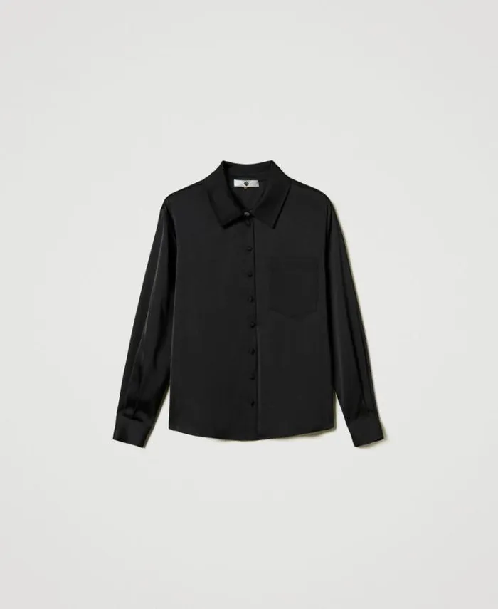 Twinset Blouses And Shirts Satin Shirt With Jewel Button Black 8211 Clothing