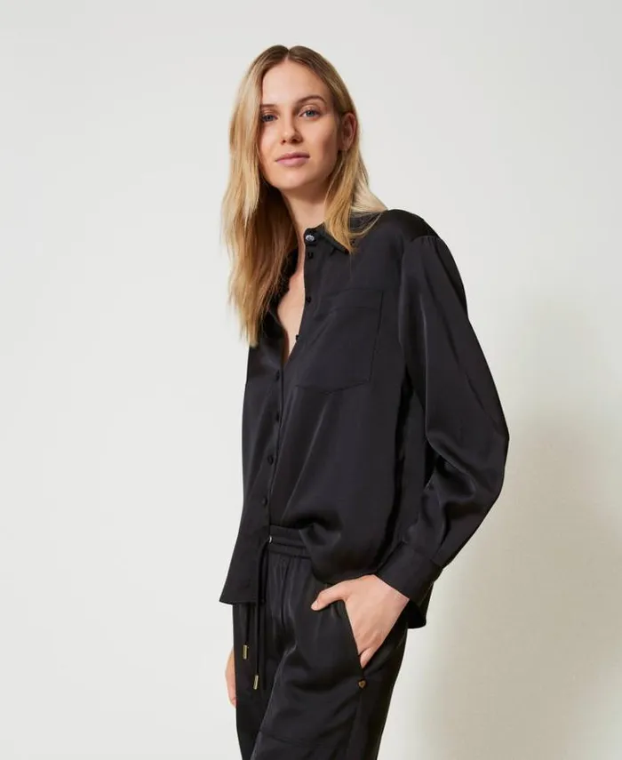 Twinset Blouses And Shirts Satin Shirt With Jewel Button Black 8211 Clothing