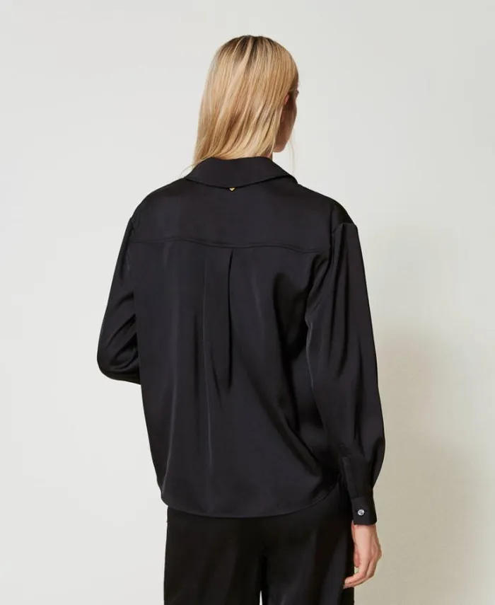 Twinset Blouses And Shirts Satin Shirt With Jewel Button Black 8211 Clothing