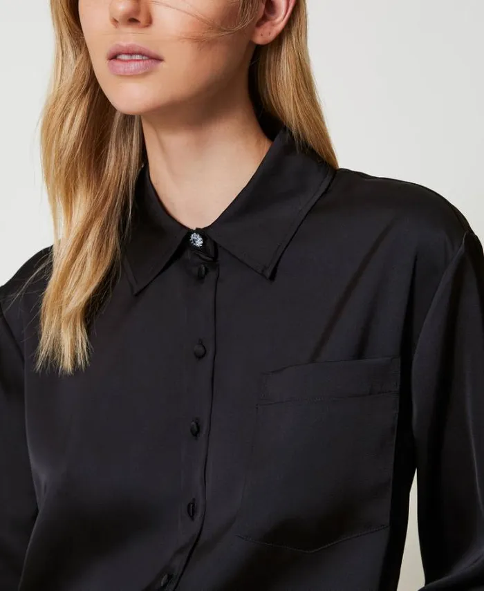 Twinset Blouses And Shirts Satin Shirt With Jewel Button Black 8211 Clothing