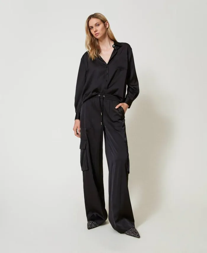 Twinset Blouses And Shirts Satin Shirt With Jewel Button Black 8211 Clothing