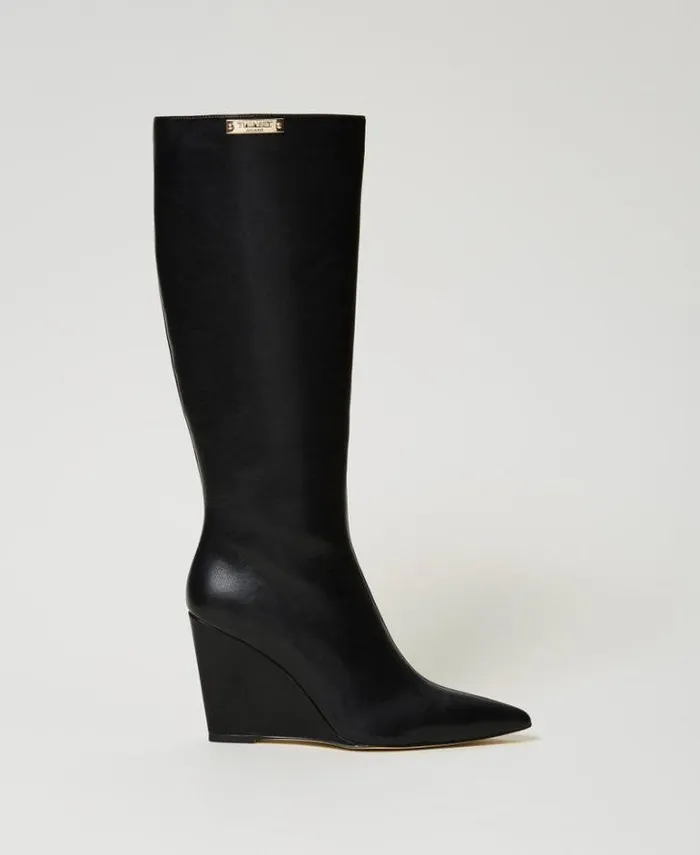 Twinset Boots And Ankle Boots High Boots With Wedge And Logo Plate Black 8211 Shoes