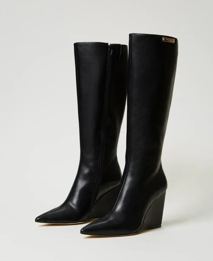 Twinset Boots And Ankle Boots High Boots With Wedge And Logo Plate Black 8211 Shoes