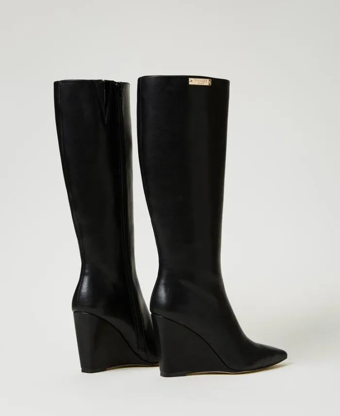 Twinset Boots And Ankle Boots High Boots With Wedge And Logo Plate Black 8211 Shoes