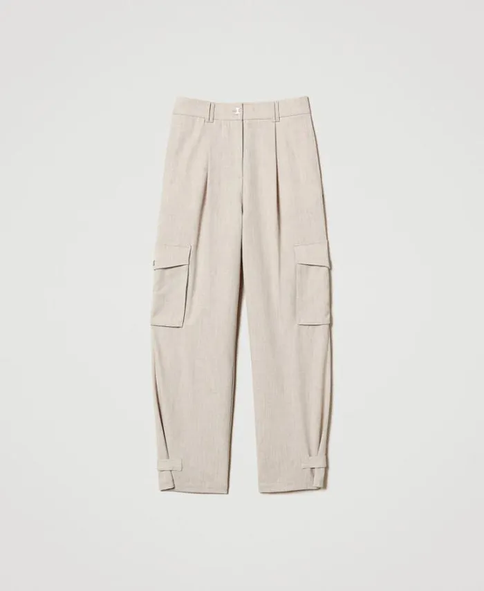 Twinset Cargo Trousers MYFO Cargo Trousers With Embroidery Melange Dull Gold 8211 Clothing