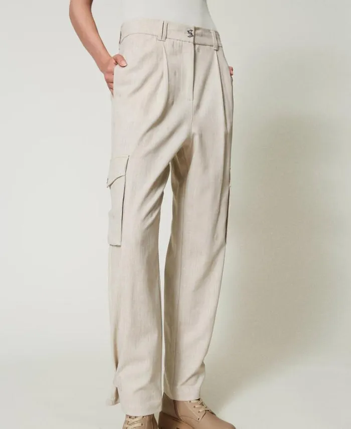 Twinset Cargo Trousers MYFO Cargo Trousers With Embroidery Melange Dull Gold 8211 Clothing