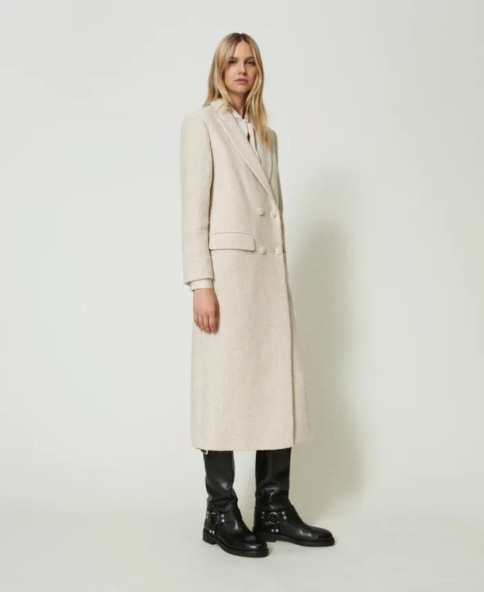 Twinset Coats And Trench Coats Doublebreasted Herringbone Wool Blend Coat Snow Gold Herringbone 8211 Clothing