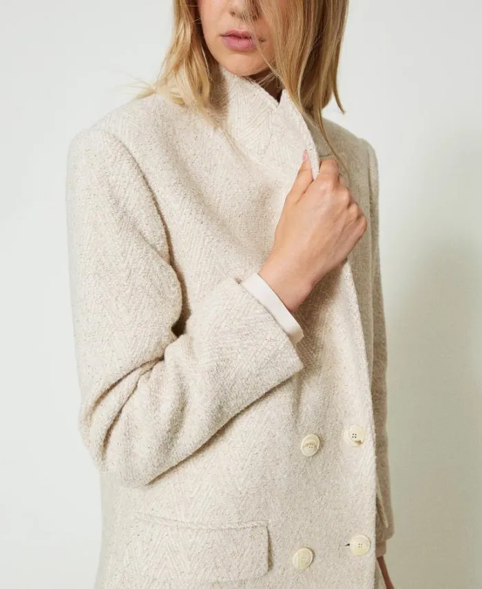 Twinset Coats And Trench Coats Doublebreasted Herringbone Wool Blend Coat Snow Gold Herringbone 8211 Clothing