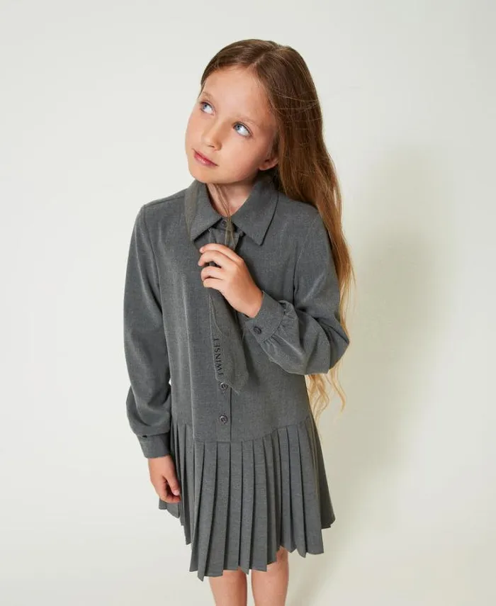 Twinset Dresses Short Flannel Dress With Tie Mid Melange Grey 8211 Girl