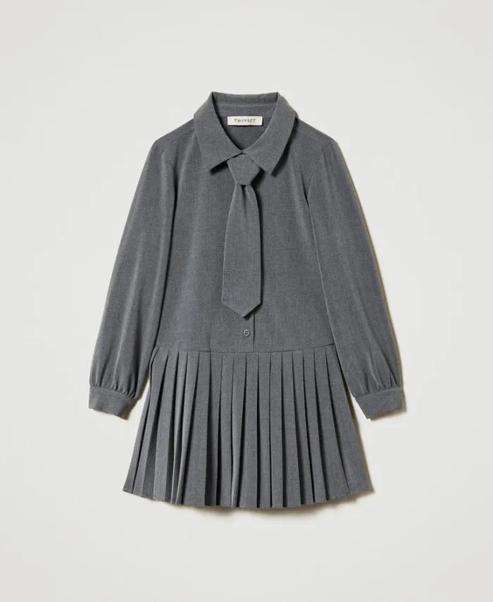 Twinset Dresses Short Flannel Dress With Tie Mid Melange Grey 8211 Girl