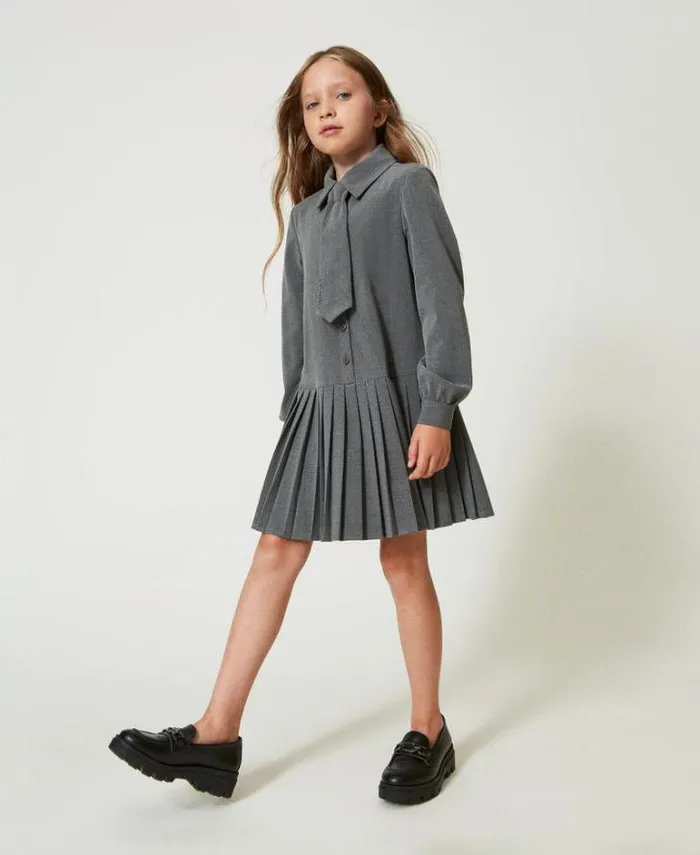 Twinset Dresses Short Flannel Dress With Tie Mid Melange Grey 8211 Girl