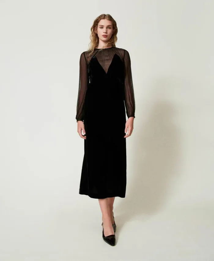 Twinset Elegant Dresses Chiffon And Velvet Midi Dress Black 8211 Clothing