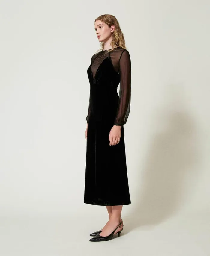 Twinset Elegant Dresses Chiffon And Velvet Midi Dress Black 8211 Clothing