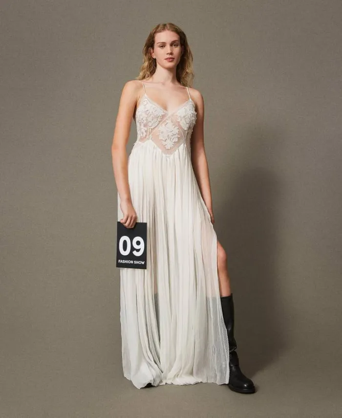 Twinset Elegant Dresses Creponne And Tulle Long Dress Butter Cookie White 8211 Clothing