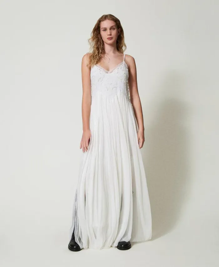 Twinset Elegant Dresses Creponne And Tulle Long Dress Butter Cookie White 8211 Clothing