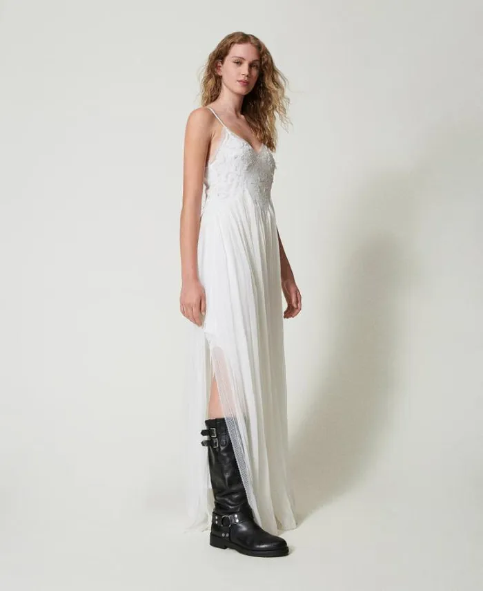 Twinset Elegant Dresses Creponne And Tulle Long Dress Butter Cookie White 8211 Clothing
