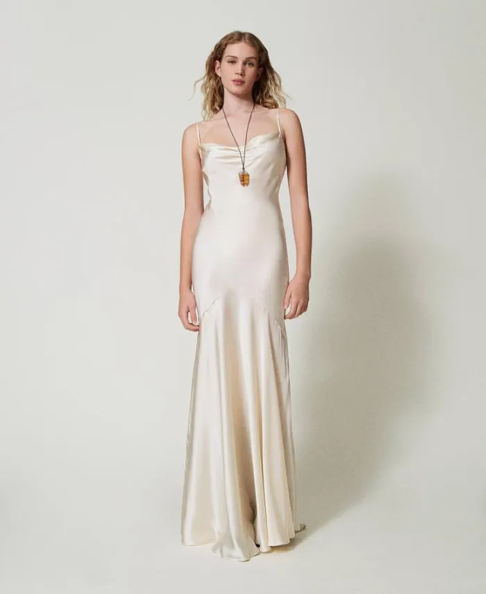Twinset Elegant Dresses Long Silk Blend Satin Dress Butter Cookie White 8211 Clothing