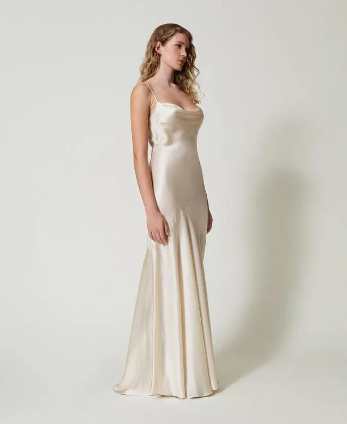 Twinset Elegant Dresses Long Silk Blend Satin Dress Butter Cookie White 8211 Clothing