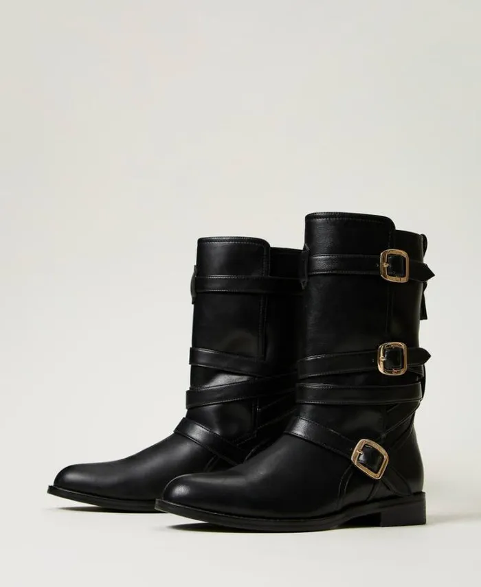 Twinset Flat Shoes Biker Boots With Straps Black 8211 Shoes