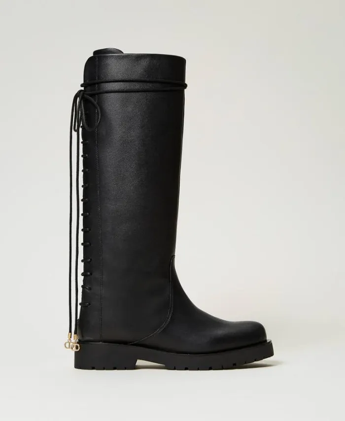 Twinset Flat Shoes Laceup Leather Boots Black 8211 Shoes
