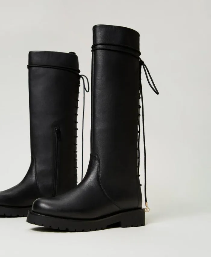Twinset Flat Shoes Laceup Leather Boots Black 8211 Shoes