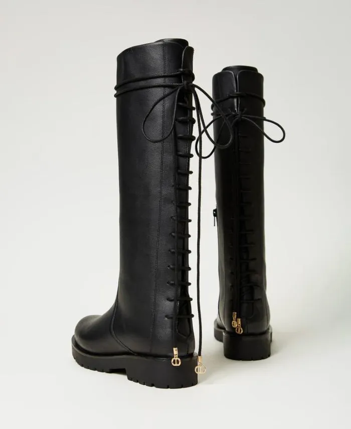 Twinset Flat Shoes Laceup Leather Boots Black 8211 Shoes