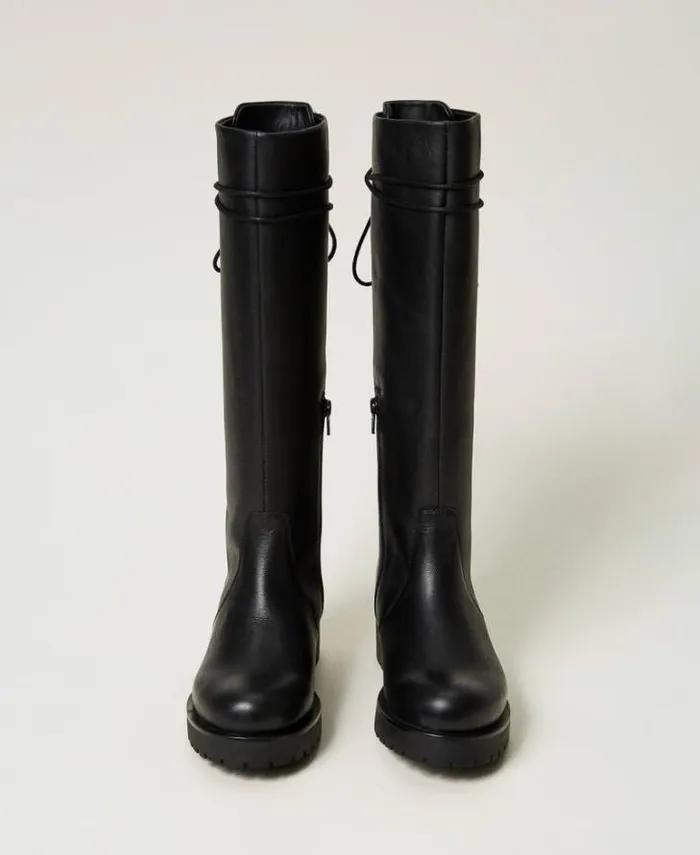 Twinset Flat Shoes Laceup Leather Boots Black 8211 Shoes