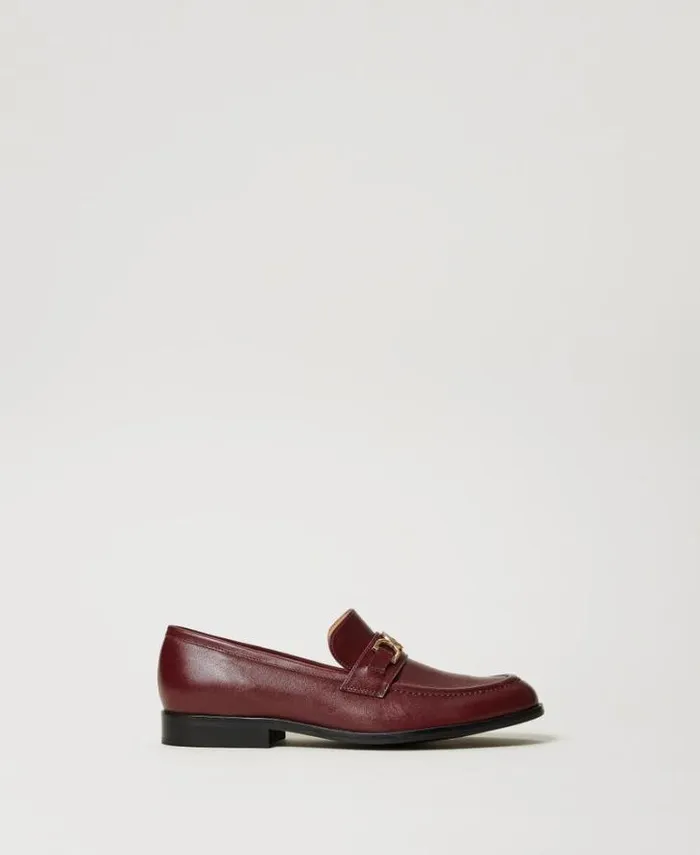 Twinset Flat Shoes Leather Loafers With Oval T Clasp Bordeaux 8211 Shoes