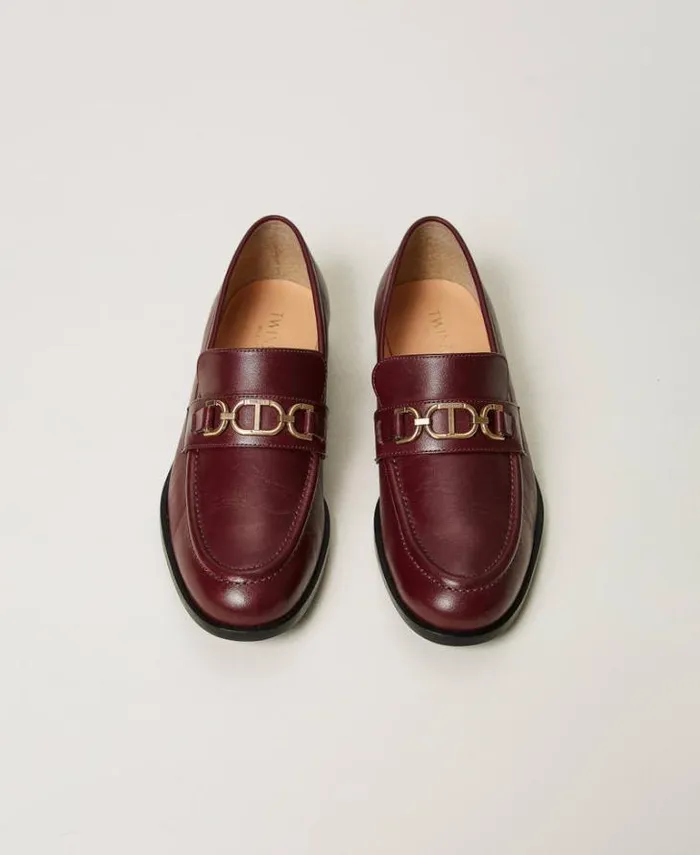 Twinset Flat Shoes Leather Loafers With Oval T Clasp Bordeaux 8211 Shoes