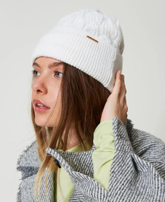 Twinset Hats Cable Knit Beanie Hat Mother Of Pearl 8211 Accessories
