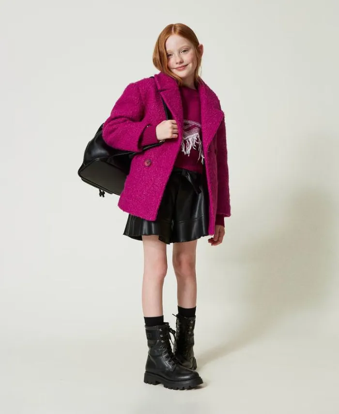 Twinset Jackets And Outerwear Doublebreasted Curly Wool Cloth Coat Magenta Purple 8211 Girl