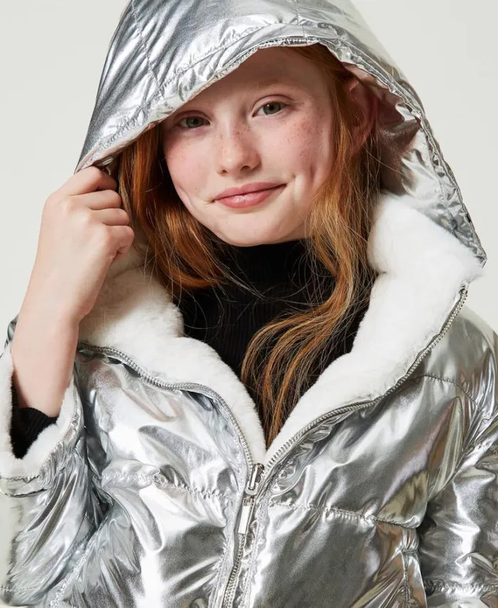Twinset Jackets And Outerwear Reversible Faux Fur Jacket Twotone Off White Metallic Silver 8211 Girl