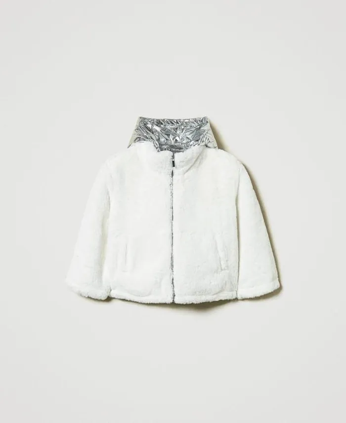 Twinset Jackets And Outerwear Reversible Faux Fur Jacket Twotone Off White Metallic Silver 8211 Girl