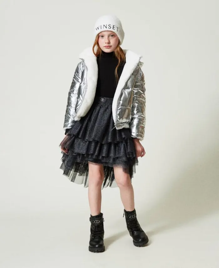 Twinset Jackets And Outerwear Reversible Faux Fur Jacket Twotone Off White Metallic Silver 8211 Girl