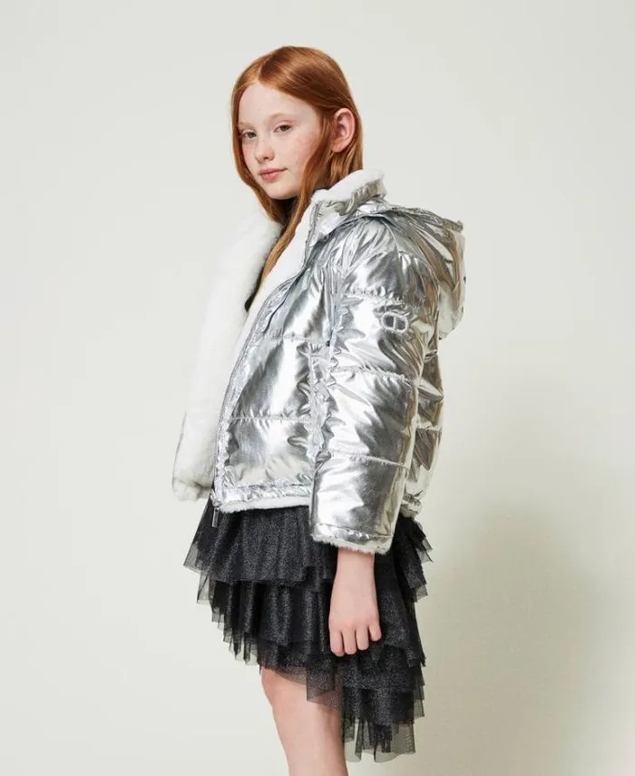 Twinset Jackets And Outerwear Reversible Faux Fur Jacket Twotone Off White Metallic Silver 8211 Girl