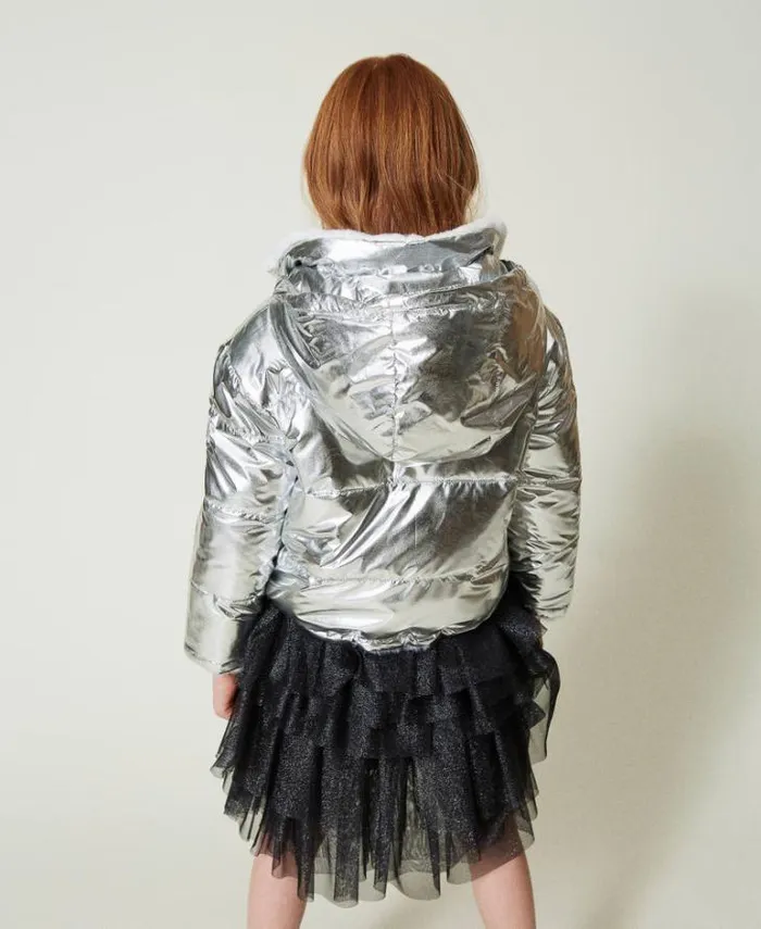 Twinset Jackets And Outerwear Reversible Faux Fur Jacket Twotone Off White Metallic Silver 8211 Girl