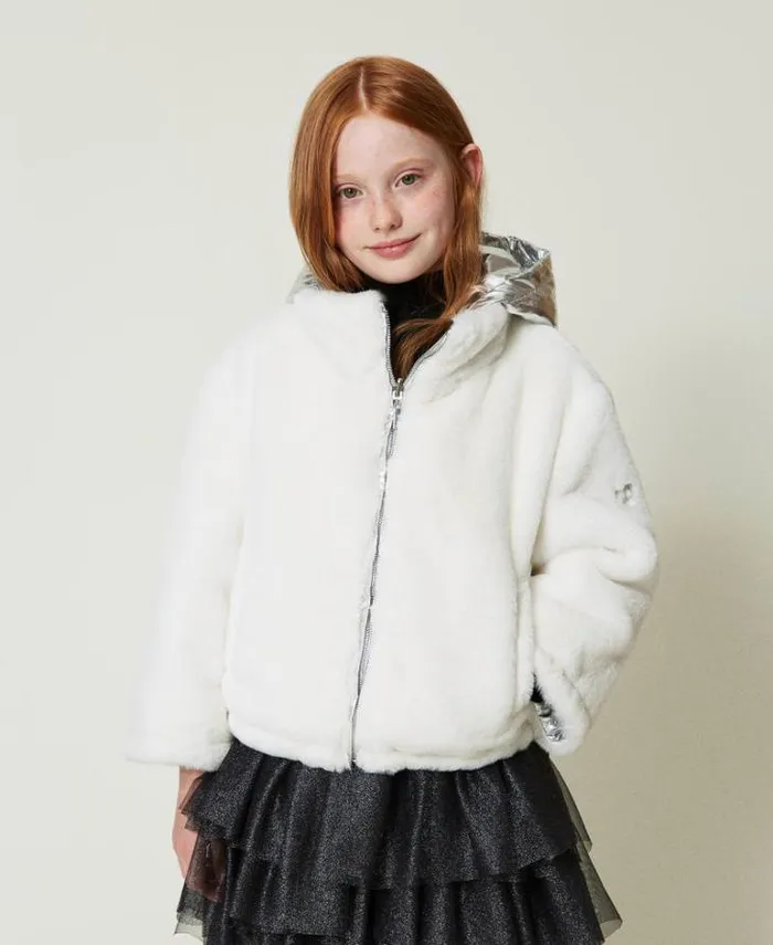 Twinset Jackets And Outerwear Reversible Faux Fur Jacket Twotone Off White Metallic Silver 8211 Girl