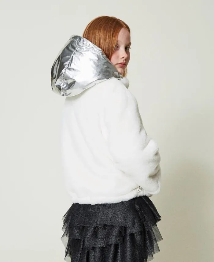 Twinset Jackets And Outerwear Reversible Faux Fur Jacket Twotone Off White Metallic Silver 8211 Girl