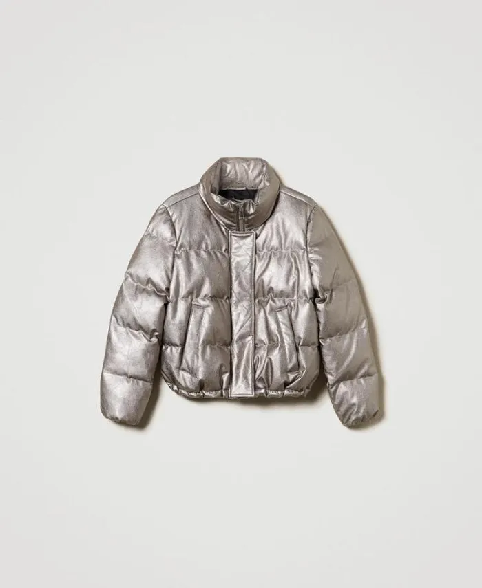 Twinset Jackets And Puffer Jackets Laminated Short Puffer Jacket Metallic Pewter 8211 Clothing