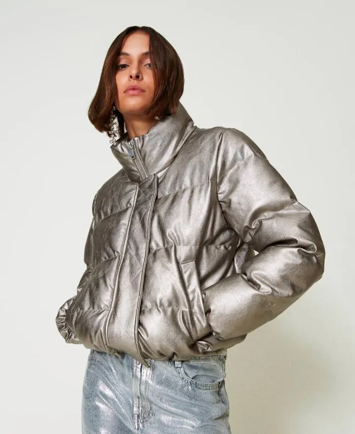 Twinset Jackets And Puffer Jackets Laminated Short Puffer Jacket Metallic Pewter 8211 Clothing