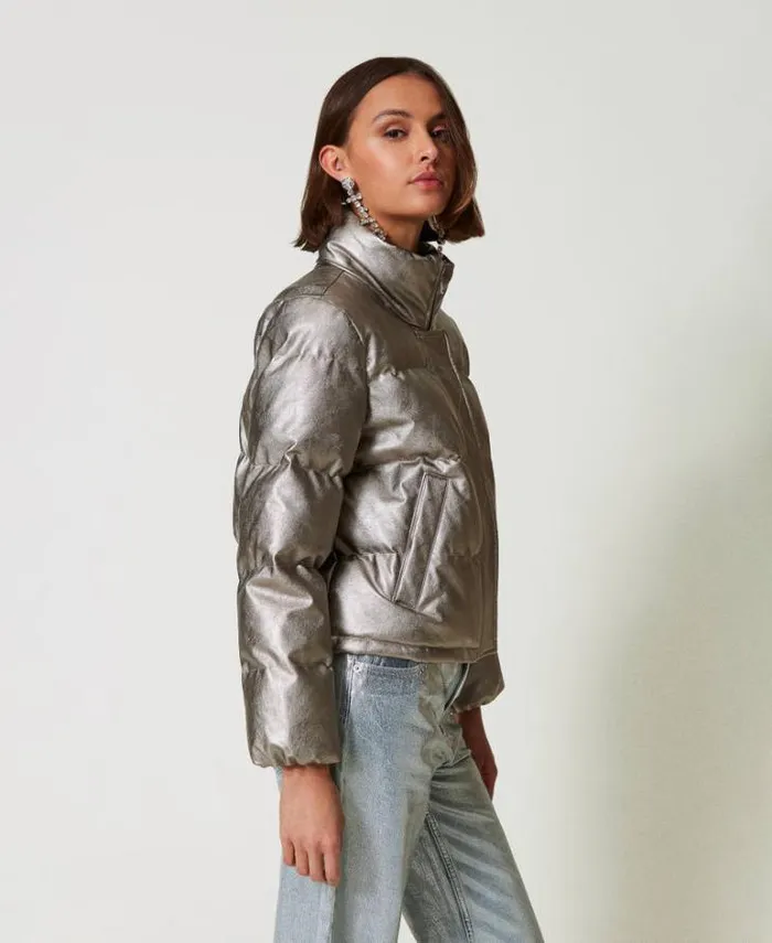 Twinset Jackets And Puffer Jackets Laminated Short Puffer Jacket Metallic Pewter 8211 Clothing