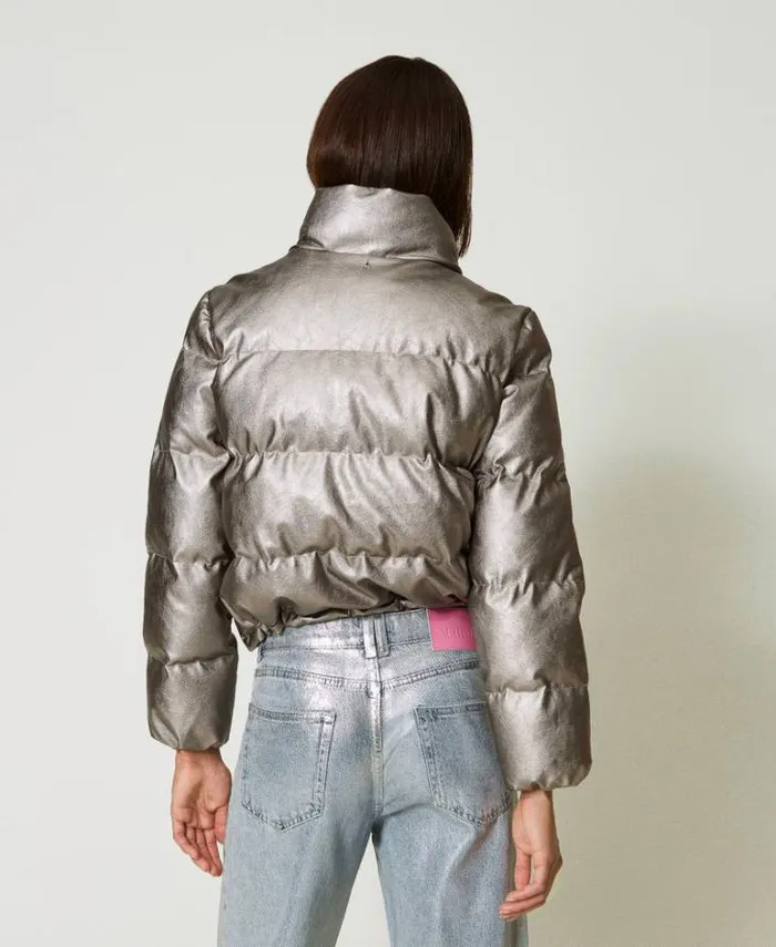 Twinset Jackets And Puffer Jackets Laminated Short Puffer Jacket Metallic Pewter 8211 Clothing