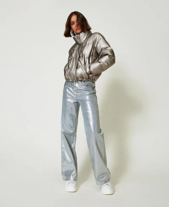 Twinset Jackets And Puffer Jackets Laminated Short Puffer Jacket Metallic Pewter 8211 Clothing